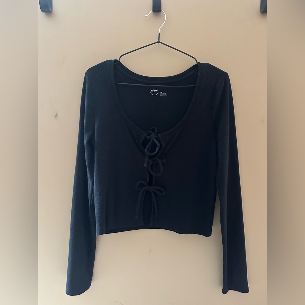 Aerie Black Lace-Up Long Sleeve Top
